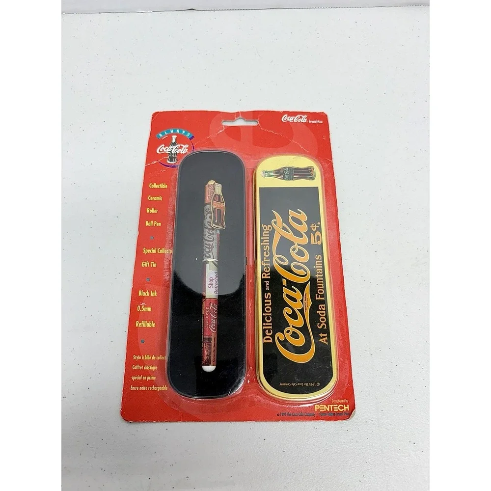 Vintage 90s Coca Cola Gift Black & Yellow Tin Case & Pen 1995